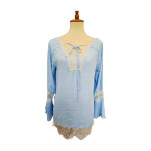 NWT blue top, M, lace embellishments, tie neck, NY Collection